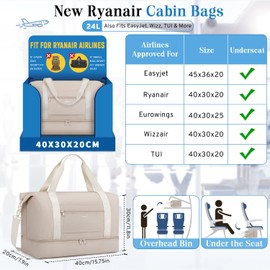VSNOON for New Ryanair Cabin Bags 40x30x20, 24L Foldable Travel Bag with Shoes Compartment, Water-Resistant Hand Luggage Holdall Gym Bag for Weekender Overnight Flight Hospital Sports, Khaki