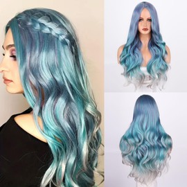 Blue Gradient Gray Long Wavy Wig 28 Inch Middle Part Wavy Synthetic Wigs for Women Natural Looking Heat Resistant Fiber Wig for Daily Party Use
