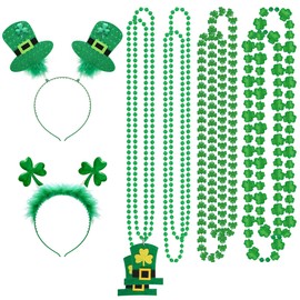 SUMERSHA 10pcs St. Patrick's Day Party Favors Set Shamrock Headbands and Shamrock Bead Necklaces for Saint Patrick's Costume Accessories