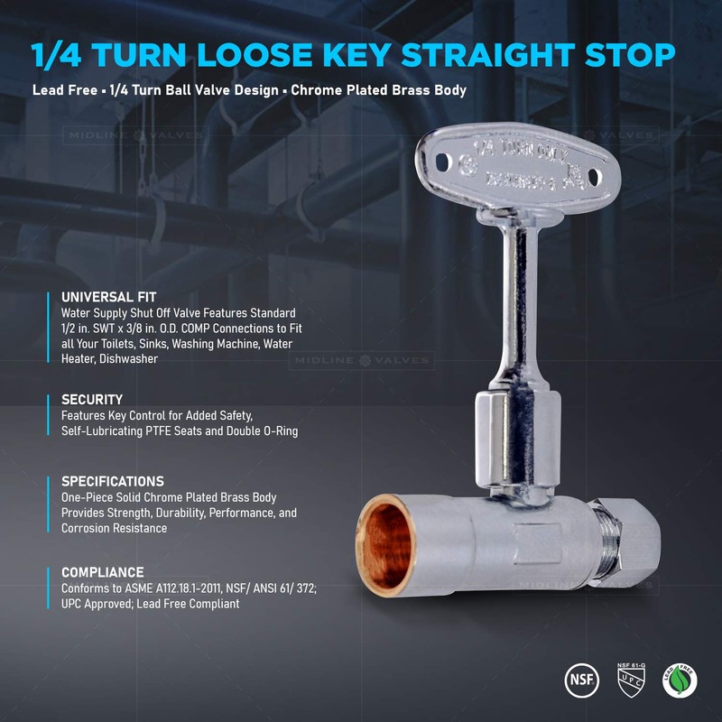 Midline Valve 92212QS-OM Water Supply Stop Valve with Quarter Turn