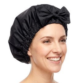 Heclia Black Shower Cap for Women Cute Bow Waterproof Hair Cover Reusable Hair Hats for Shower Adjustable Bowknot Bath Hat Anti Slip Bathing Headwear for All Hairstyles Travel Friendly