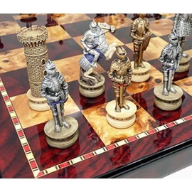 Medieval Times Crusades Gold & Silver Armored Knights Chess Set W/ 18" High Gloss Cherry & Burlwood Color Board