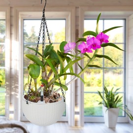 Relaxdays Hanging Basket with Water Reservoir, Set of 2, Water Display, Wicker Look, H x D: 54 x 18.5 cm, Hanging Flower Pot, White