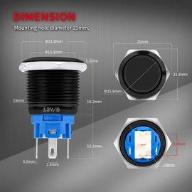 DaierTek 19mm 12V Latching Push Button Switch ON Off Black Metal Pre-Wired 12 Volt Blue Led Light Illuminated Waterproof Button for Marine RV -8 Pack