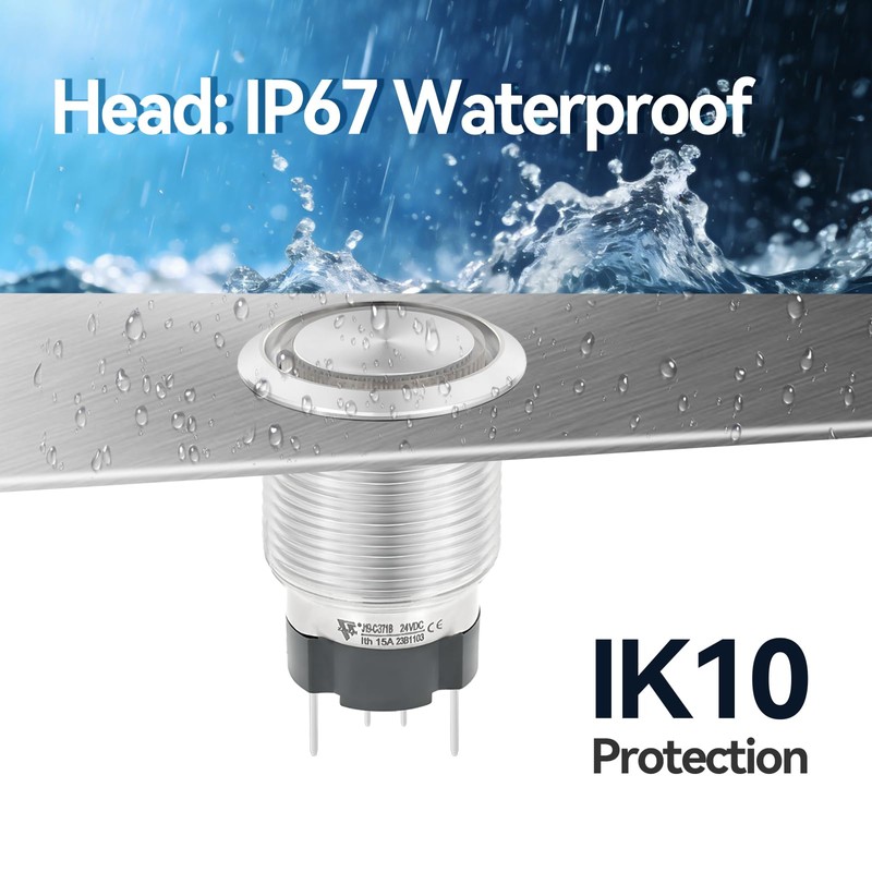 UL Listed 15Amp 19mm Momentary Push Button Switch, IP67 Waterproof,