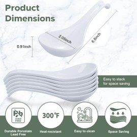 Asian Ceramic Spoons Set of 6-6.8 Inch White Chinese Soup Spoons for Ramen, Pho, Noodles, Cereal & Stew, Deep Oval Hook Non-Slip Design, Dishwasher & Microwave Safe, Oven Safe