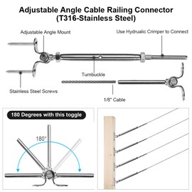 Steel DN Mate T316 Stainless Steel Adjustable Angle from 0° to 180° Fit for 1/8" Cable Railing Kit/Hardware for Wood Post, Swage Turnbuckle Hardware, Marine Grade (6 Runs，12PCS)