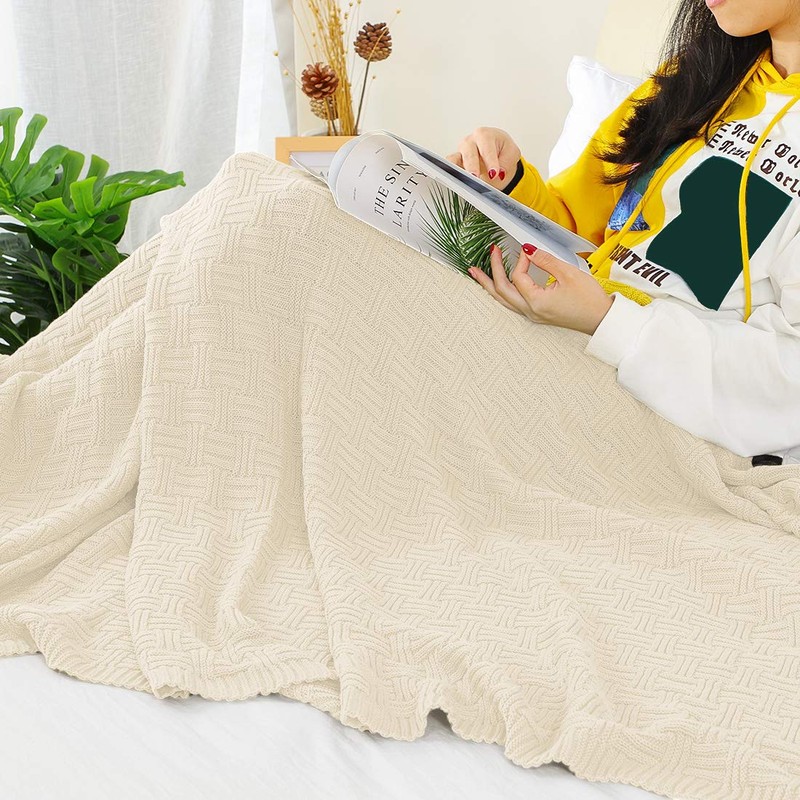sourcing map 100% Cotton Cable Knit Throw Blanket,Soft Lightweight Lap