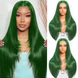 Colorful Bird Green Straight Layered Wig Human Hair 13x6 Lace Front Wigs Glueless Pre Plucked Pre Cut Bleached Knots Wear and Go Wig 28 inch