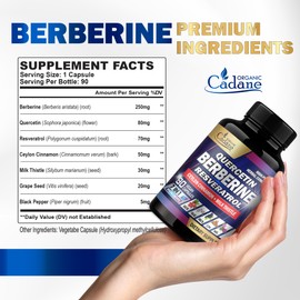 Organic Cadane 7in1 Pure Berberine Supplement with Quercetin, Ceylon Cinnamon, Resveratrol, Milk Thistle, Grape Seed, and Black Pepper - 90 Capsules for 3-Month Supply - Immunity Health Support