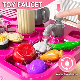 MSKOLER Pretend Play Kitchen Toys for Kid Ages 2-6 4-8, 2 Sided Kitchen Toys with Light, Sound and Spraying, Sink Toy Accessories, Cooking Stoves, Food Toys for Toddlers 1-3 3-5 Boys Girls 6-12 (Pink)