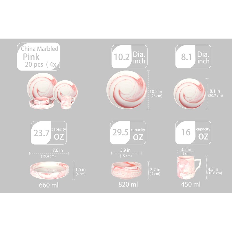 HomeVss, Fine China Artisan Marbled 20pc Dinner Set, Pink