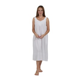 LA CERA Women's Plus Size Sleeveless Embroidered Nightgown, 100% Cotton, Side Pockets, Lace Inset V-Neckline White