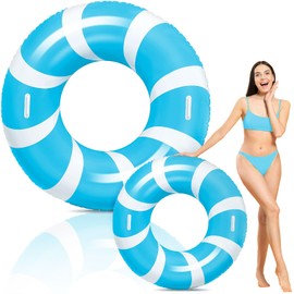 WinnerWhy 1 Pcs Jumbo Blue Swim Ring with Handles 47.24 Inches Inflatable Pool Float Tube Classic Striped Inflatable Swimming Pool Ring for Adults Summer Pool Lounger Rafts Beach Party Supplies