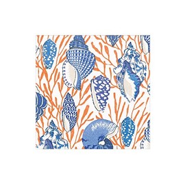 Caspari Shell Toile Boxed Cocktail Napkins in Coral & Blue - 40 Per Box