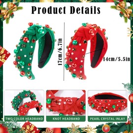 HIFOT Pack of 2 Christmas Headband Women Girls Wide Headband Knot Beads Headband Rhinestone Green Red Hair Accessories Christmas Fancy Dress Party Headband Wide Christmas Headband