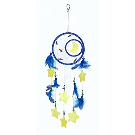 Dream Catcher Moon and Stars Made of Shells Blue Yellow 50 cm Feathers Indian Jewellery
