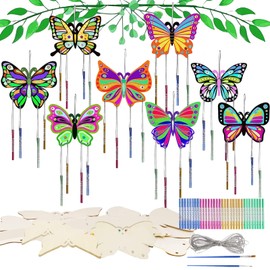 Butterfly Wind Chime Craft Set, 8 Pieces Craft Set, Wind Chime Children's Wind Chime, DIY Wind Chime Craft Set with 32 Wind Chimes + 2 Painting Brushes, Wind Chimes for Outdoor Craft Sets for Children