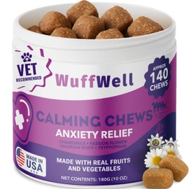 WuffWell Calming Chews for Dogs Relaxation & Hyperactivity – Chamomile, Passion Flower, Valerian Root & Tryptophan Infused Calming Bites for Dog Anxiety Relief – Made in USA – 140 Count