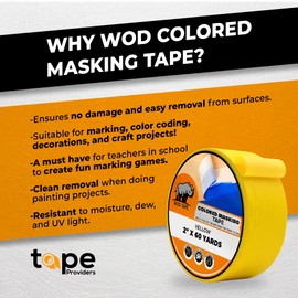 WOD MTC5 Colored Masking Tape, Black, 1.5 inch x 60 yds. Colorful Teacher Painters Tape for Fun DIY Art & Crafts, Lab Labeling, Writable & Classroom Decorations