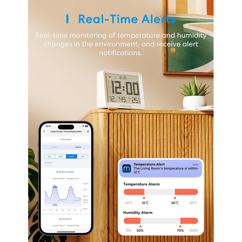 Meross WiFi Hygrometer Indoor Thermometer, Smart LCD Digital Temperature Humidity