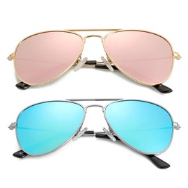 Gleyemor Kids Polarized Aviator Sunglasses for Little Girls Boys Age 3-8 (Gold/Pink Mirror+Silver/Blue Mirror)