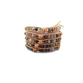 MGR MY GEMS ROCK! Multi-layer Hand Crafted Fancy Jasper AKA Indian Agate Stone Beaded on Genuine Leather Boho Style Leather Wrap Bracelet Super Wrap Bracelet 35" Long, up to 5 Wraps.