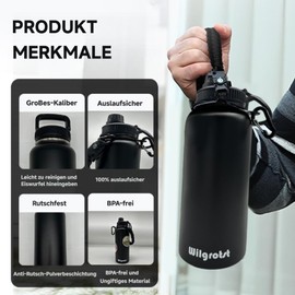 Wilgrotst Stainless Steel Vacuum Flask 32oz Double Walled Water Bottle with Straw, Wide Mouth, 3 Lids and Handle - Outdoor Camping Cycling Water Bottle with Gift Box (Ruby Red)