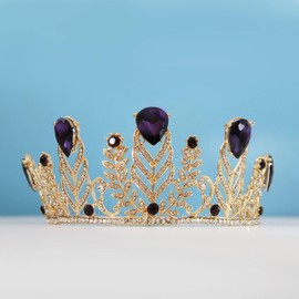 Higohome Purple Crown for Women Sparkly Rhinestone Crystal Bachelor Party Mother's Gifts Headband,Golud Purple