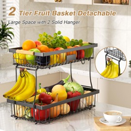 VANZBON 2 Tier Fruit Basket for Kitchen Counter,Wire Tiered Fruit Stand with Hangers&Handle,Corner Vegetable Rack,Two Tier Kitchen Basket For Fruits,Veggies,Snacks,Onions,Black