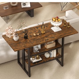 Bigbiglife 55.1" Console Entryway Table, 2 in 1 Long Console Table with Foldable Table Top, 3-Tier Industrial Narrow Sofa Table with Storage Shelves for Hallway, Living Room, Entryway, Dining Room