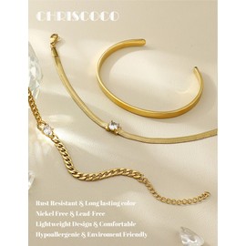 Chriscoco 3 Pieces Women's Gold 14 Carat Gold-Plated Stainless Steel Bracelet Women's Adjustable Bracelets Gold Twist Figaro Snake Bracelet Set Tennis Bracelet Golden Bracelets Jewellery for Women