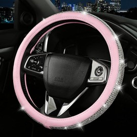 Bling Diamond Leather Steering Wheel Cover, Pink Steering Wheel Covers for Women Girls with Crystal Rhinestones, Universal Fit 15" Car Steering Wheel Bling Cover Accessories