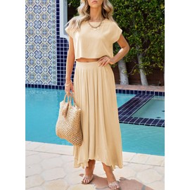 Dokotoo Dresses for Women 2024 Maxi Dress Casual Crew Neck Short Sleeve Tops 2 Piece Summer Outfits for Women Solid Ruffle Maxi Skirt Wedding Guest Dresses Resort Wear Apricot M