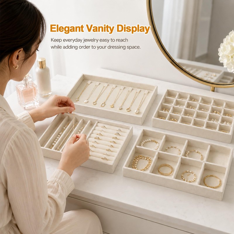 Velvet Jewelry Drawer Organizer Trays, 4-Layer, Beige