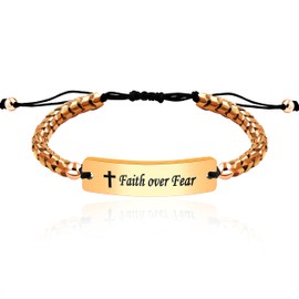 Uloveido Faith Over Fear Bracelets - Gear-Shaped Hematite Cuff Bangle Adjustable Braided Cord Y2300, Stainless Steel, Haematite