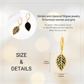 TANGPOET Onyx Earrings 925 Sterling Silver Filigree Boho Earrings Gold Pendant Onyx Jewellery Women's Drop Earrings Gifts for Women, Silver, Onyx