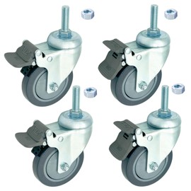 Fixhando 4 inch Swivel Caster Wheels with Nylon Brake, 3/8"-16x1 Threaded Stem Casters Set of 4, Grey PU Wheels for Furnitures,Restaurant,Labs,Hospital