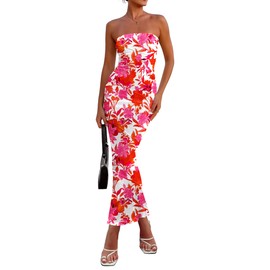 PRETTYGARDEN Women's 2025 Summer Floral Bodycon Maxi Dresses Ribbed Strapless Tube Casual Boho Party Long Dress (Floral White Pink,Large)