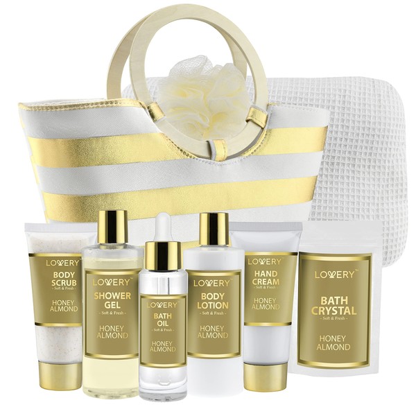 Lovery Luxury Bath Gift Set-Honey Almond Scented Home Spa Kit with Shower Gel, Body Lotion, Body Scrub, Hand Cream, and More in a Gift-Ready ToteBag - Bath and Shower Sets for Men and Women