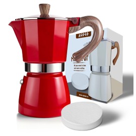 AGOGO Milano Moka Pot Stovetop Espresso Maker with 100 Paper Filters for Sediment-Free Coffee, Classic Italian Greca with Wood-Grain Handle,Cleaning Brush & Towel 6 Cup (10oz / 300ml) Red