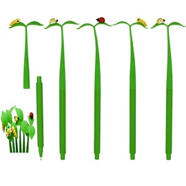 Lopenle 6 PCS Novelty Leaf Bendable Pens Simulation Floral Insects Pen Ladybugs Pens Silicone Plant Pen With Black Ink 0.5mm For School Office Home Stationery Store