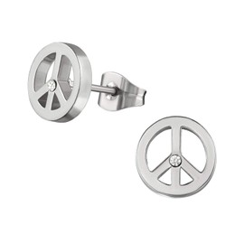 Bungsa Peace Stud Earrings with Crystal Round Silver 316L Stainless Steel, Stainless Steel, No Gemstone