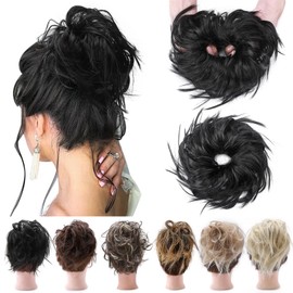 S-noilite Tousled Updo Ponytails Hair Extensions Messy Wavy Ponytail Bun Scrunchies Extension 100% Real Natural Premium Synthetic Hairpiece for Women Girls -1 Piece Dark Black