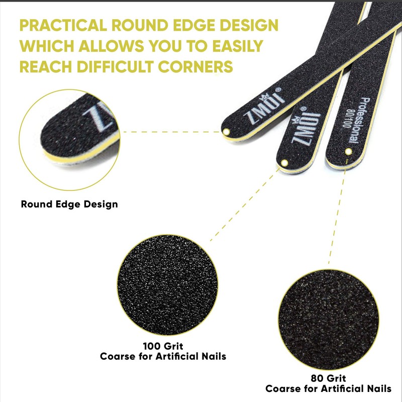 ZMOI Professional Nail Files, 12 PCS Washable Double Sided Emory