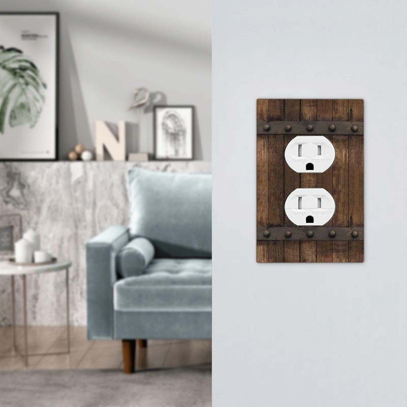 biondbong Rustic Farmhouse Brown Wood Barn Door Duplex Outlet Cover