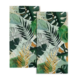 Tropical Palm Leaf Hand Towels Set of 2 Green Gold Boho Leaves Fingertip Small Bath Towels Dish Towel for Hotel Spa Gym Decor, 14.4 x 28.3 Inch