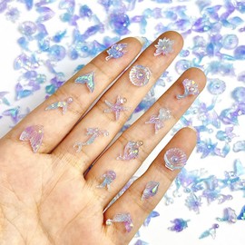 100Pcs Summer Nail Gems and Charms Glow in The Dark Ocean Nail Rhinestones Mermaid Jellyfish Starfish Nail Jewels Cute Marine Life Nail Art Charms for Women Summer Beach Vacation Nail Decoration