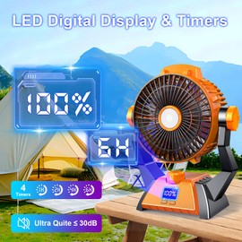 Camping Fan - Rechargeable Portable Battery Powered Camping Fans for Tents with LED Light, Power Display, Timers & 360° Hanging Hook, Ultra Quiet USB Personal Tent Fan for Fishing Travel Home Office