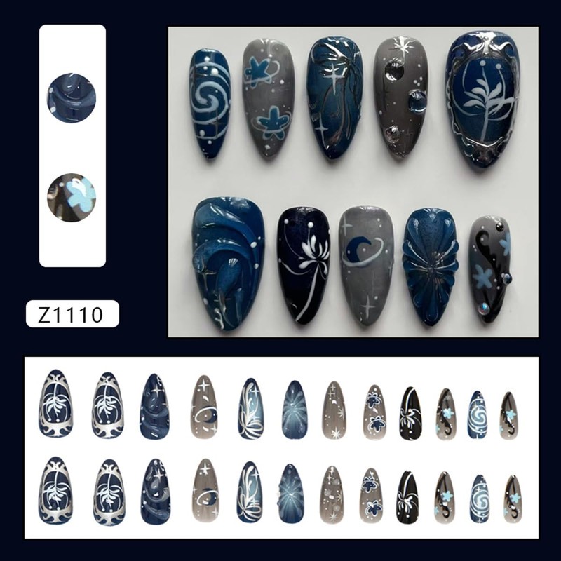 Blue Press on Nails Flower Fake Nails Black Ombre False